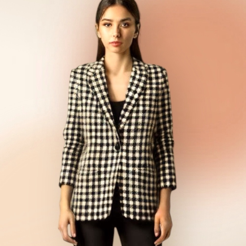 Harve Benard Vintage Black and Cream Houndstooth One Button Wool Blazer Size 8